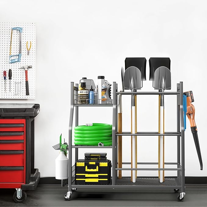 EVERHANGER Garden Tool Organizer Stand, Garage Tool Storage Organization, Yard Tool Racks with lockable wheels, Fit for Long-Handled Tools/Rakes/Brooms