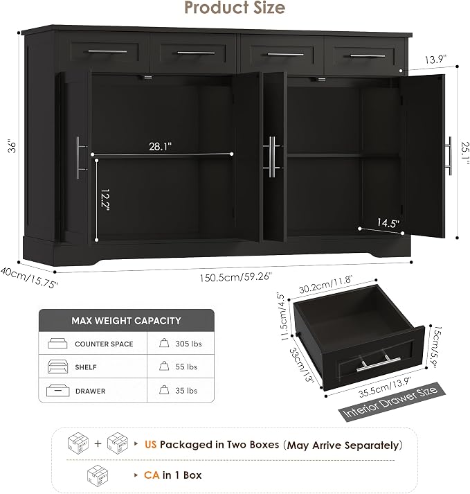 HOSTACK 60" W Sideboard Buffet Cabinet with Storage, Kitchen Cabinet, Black | 36" Tall Kitchen Buffet Storage Cabinet with 4 Drawers, Large Coffee Bar Cabinet, Modern Buffet Table for Dining Living Room