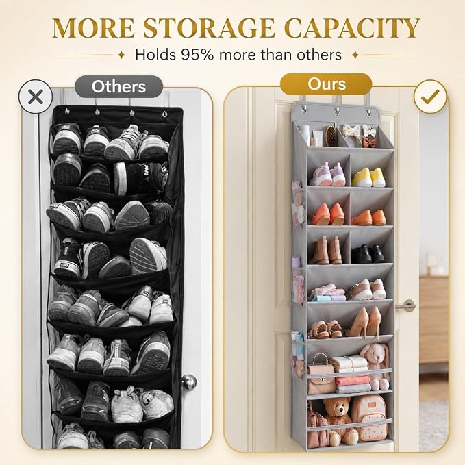 HOMELUX THEORY 8 Tier Hanging Shoe Organizer for Closet, Over the Door Shoe Organizer with Deep 120D Extra Thick Pockets, Shoe Rack for Closet & Entryway, with 6 Side Pockets for Boots (Dark Gray)