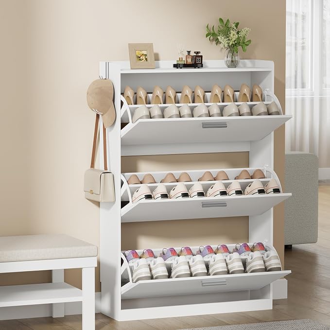 Shoe Cabinet Organizer with 3 Flip Drawers, Freestanding Shoe Storage Cabinet, Adjustable and Removable Dividers, 31.5"W x 8.7"D x 47.2"H Narrow Shoe Rack for Entryway, Foyer, Hallway, White
