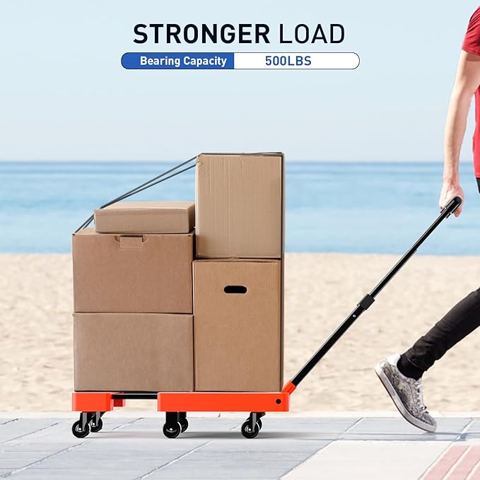 SPACEKEEPER Folding Hand Truck, 500 LB Heavy Duty Luggage Cart, Utility Dolly Platform Cart with 6 Wheels & 2 Elastic Ropes for Luggage, Travel, Moving, Shopping, Office Use, Orange