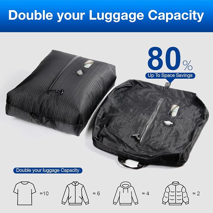 Travel Vacuum Bags with Pump–Electric Wireless Air Pump, Carry-on Size Vacuum bags for Travel, Double Layer for Luggage with IP67 Waterproof (2PC+Pump)