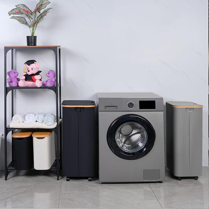 IEGrow Laundry Basket with Wheels 110L Clothes Hamper for Laundry,Beige | Laundry Hamper with Lid and Bamboo Frame, for Laundry Room, Bedroom, Dormitory Storage