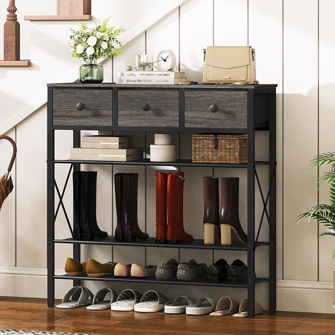 YATINEY 5-Tier Shoe Rack with 3 Drawers, Metal Shoe Organizer for 20 Pairs with Storage Shelves and Wooden Top, for Entryway, Hallway, Foyer, Closet, Charcoal and Black SS35BC