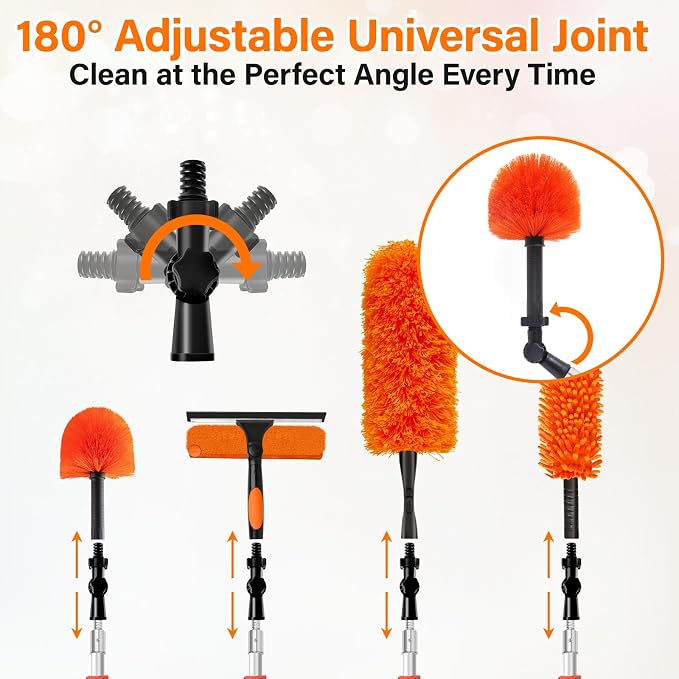 20FT High Reach Duster with Extension Pole 3-12FT, 4-in-1 Cleaning Kit with Universal Swivel Joint, High Ceiling Fan Cleaner Duster, Cobweb Duster, Microfiber Feather Duster and Window Squeegee