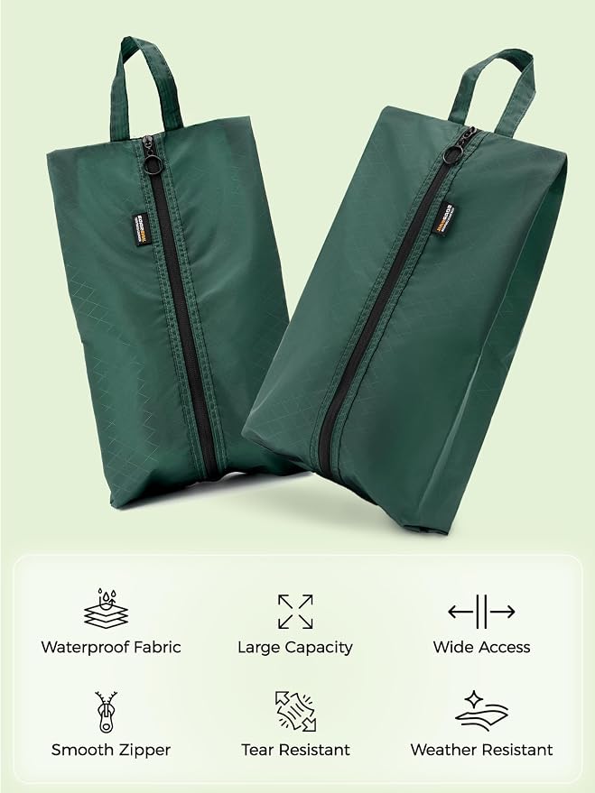 2 Pack Shoe Bags for Travel, Water-Resistant Organizers, Green | 100D Composite Nylon, Translucent Design, Large Capacity, Odor and Dust Protection For Gym, Soccer, Golf, Tennis, Baseball