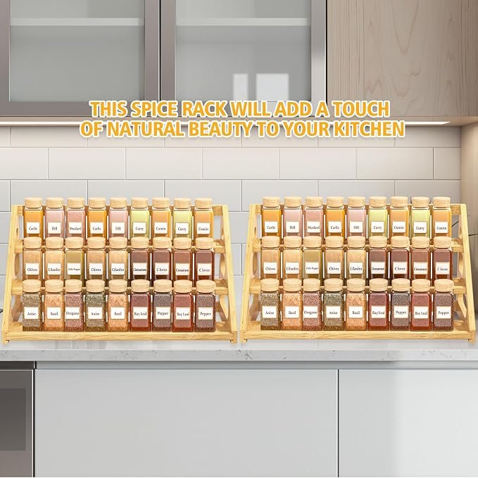 Premium Spice Rack - 3 Tier Bamboo Spice Rack Organizer - Spice Organization for Kitchen Cabinet/Countertop