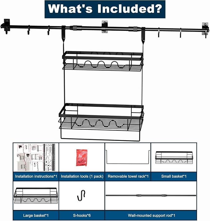 Upgraded adjustable Spice Rack Wall Mount, 6 pack kitchen hooks,heavy-duty kitchen wall shelf, suitable for use as an over-the-stove shelf, coffee shelf, or shower wall caddy.
