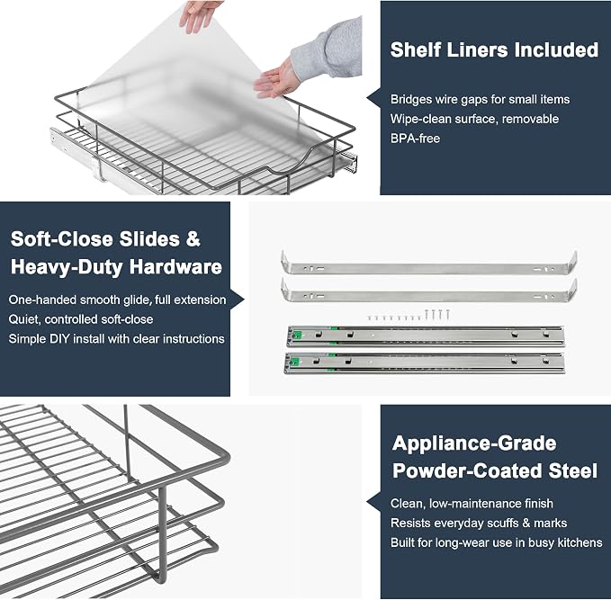Pull Out Shelves - 17" W x 22" D Soft Close Pull Out Cabinet Organizer 1 Tier - Sliding Shelves with Shelf Liner - Heavy Duty Steel Wire Drawers for Kitchen Cabinets, Pantry, Bathroom