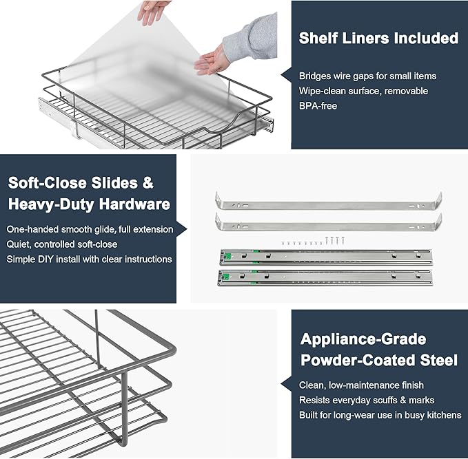 Pull Out Shelves - 23" W x 22" D Soft Close Pull Out Cabinet Organizer 1 Tier - Sliding Shelves with Shelf Liner - Heavy Duty Steel Wire Drawers for Kitchen Cabinets, Pantry, Bathroom