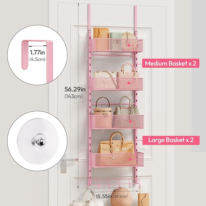 SWTYMIKI Over the Door Purse Organizer - Wall Mounted Purse Rack with 4 Adjustable Metal Basket and 6 Hooks, Hanging Bag Rack for Handbag Organizer, Bag Storage Can Use As 1/2 Part, for Door, Closet
