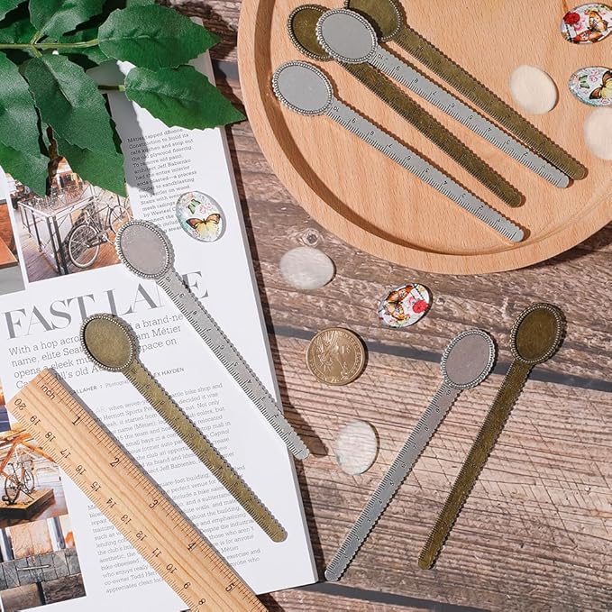 SUNNYCLUE 16Pcs DIY 8 Sets Metal Bookmark Blanks Oval Glass Cabochons Ruler Bookmark Bezel Trays Butterfly Book Mark Blanks Bezels Antique Silver Bronze Cabochon Bookmarks Making Kit for Men Women