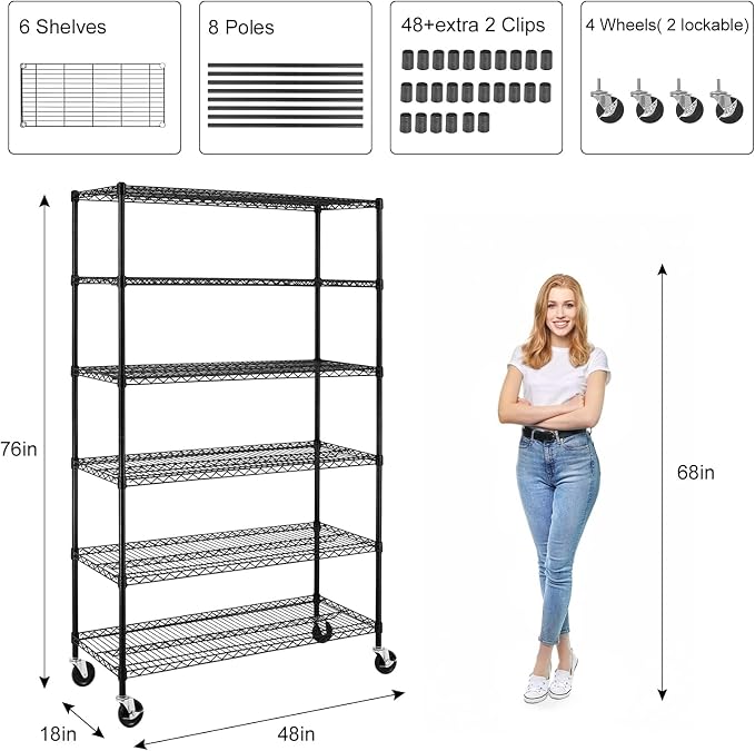 Meet perfect 6-Tier Wire Shelving Unit with Wheels, 72" H x 48" W x 18" D Heavy Duty Metal Shelf, 6000LBS Capacity Adjustable Utility Storage Rack for Garage Pantry Kitchen Warehouse
