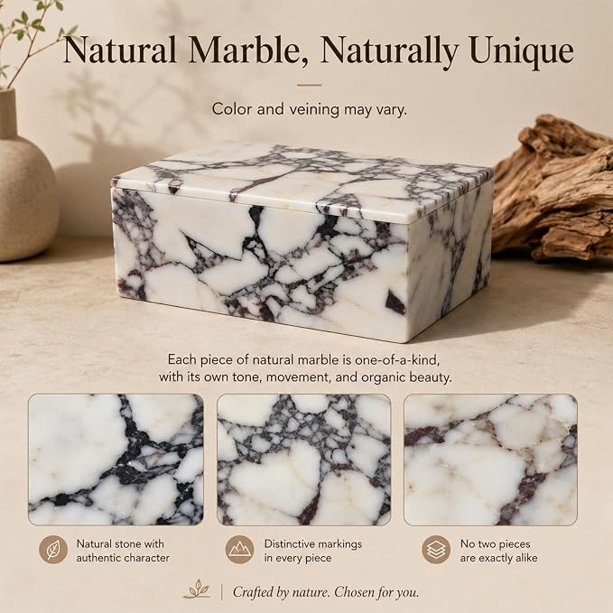 Natural Marble Rectangle Jewelry Box with Lid, 7.87 in | A rectangle marble box for watches, jewelry, slim glasses, hair ties, and dresser-top organization.