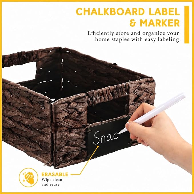 Nitial Wicker Storage Basket, Rectangular Water Hyacinth Storage Basket for Shelving, Foldable Woven Pantry Organizer with Chalkboard Label and Chalk Marker(12 x 9 x 5 Inch,Dark Brown)