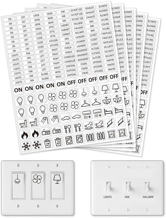 900 Pcs Light Switch Sticker Labels, 57 Designs Transparent Switch ID Sticker Blue Switchboard Label Decals for Home Kitchen Bathroom Office School