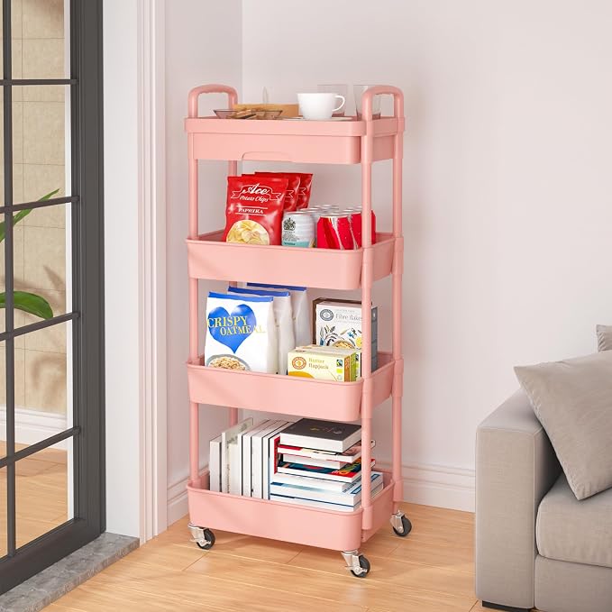 Calmootey 4-Tier Rolling Utility Cart with Drawer,Multifunctional Storage Organizer with Plastic Shelf & Metal Wheel,Storage Cart for Kitchen,Bathroom,Living Room,Office,Pink | Space-Saving Organizer, Sturdy Plastic Shelves, Smooth-Rolling Metal Wheels...