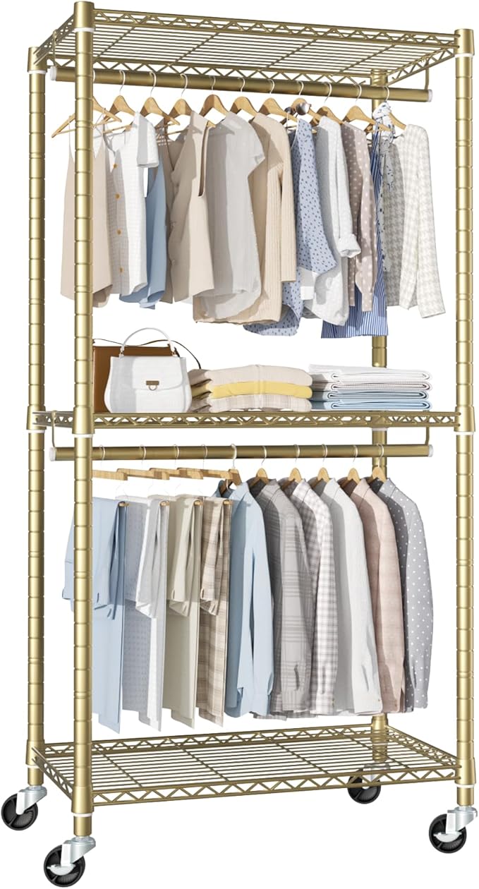 FUTASSI P1 Medium Heavy-Duty Portable Closet, 30" W x 14" D x 76" H, Gold | Metal Rolling Clothing Rack, Closet System with Wheels and Shelves for Hanging Clothes, Portable Wardrobe Organizer Storage