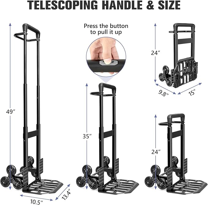 KEDSUM 460 LBS Stair Climbing Dolly, Folding Dolly Cart with Wheels for Stairs, Telescoping Handle & 100% Thickened Steel Stair Climbing Cart for Warehouses, Homes, and Offices, Height 49.2 inch
