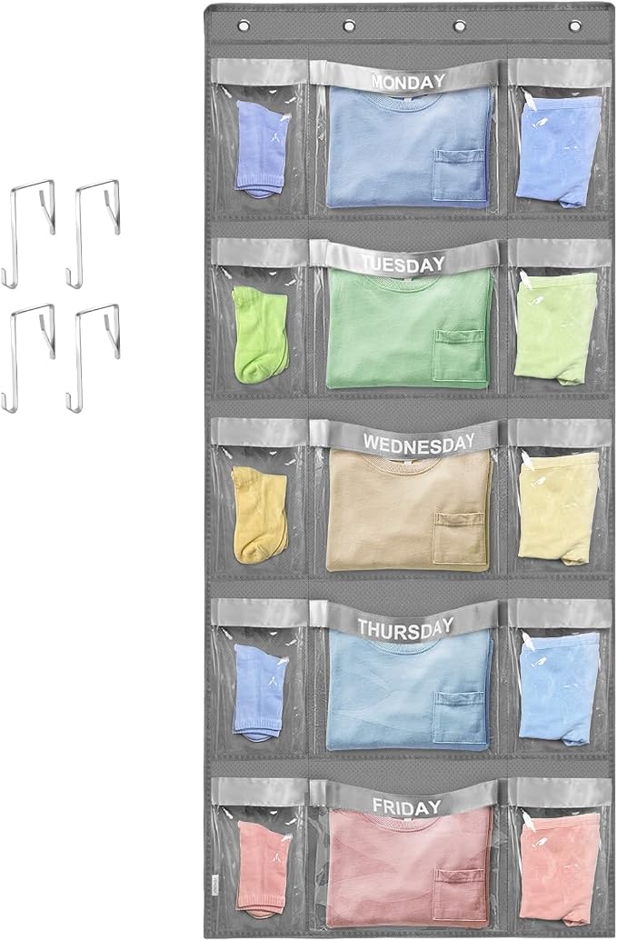 Weekly Hanging Closet Organizer for Kids,Day of Week Kids Clothes Organizer,School Clothing Storage Monday to Friday Hanging Closet Organizer Shelves for Bedroom,Bathroom,Dorm (Grey)