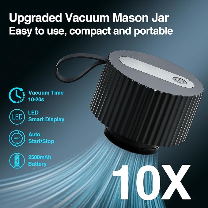 Electric Mason Jar Vacuum Sealer Kit, Portable 3-in-1 Handheld Food Sealer for Regular & Wide Mouth Jars, 60kPa Suction for Bags/Containers, Type-C Rechargeable (Black)