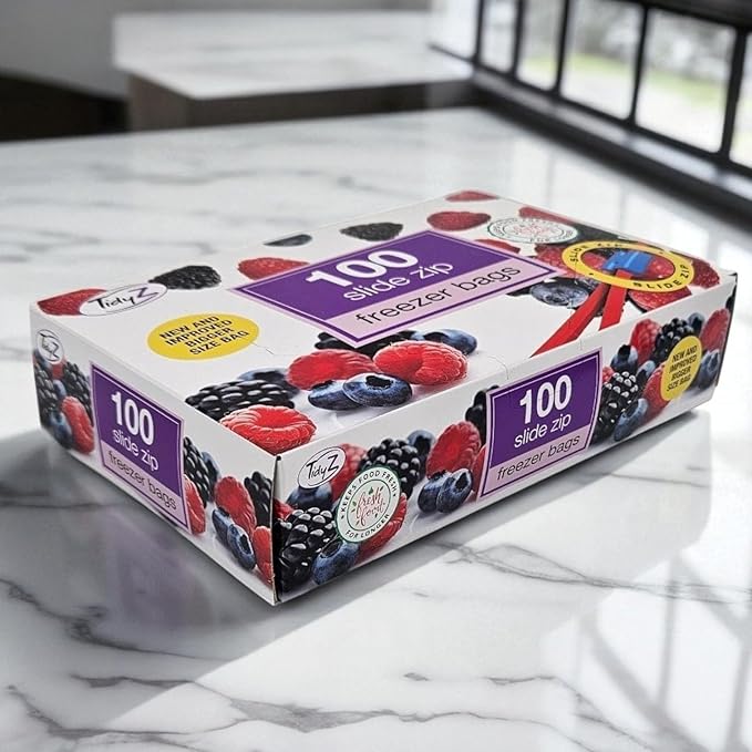 TidyZ 100 Slide Zip Lock Bags, Food Storage Freezer Bags, BPA Free Zip Seal Freezer bags for Fruit, Vegetables, Meat & Snacks - Reusable. In a dispenser Box. Large 23x23cm