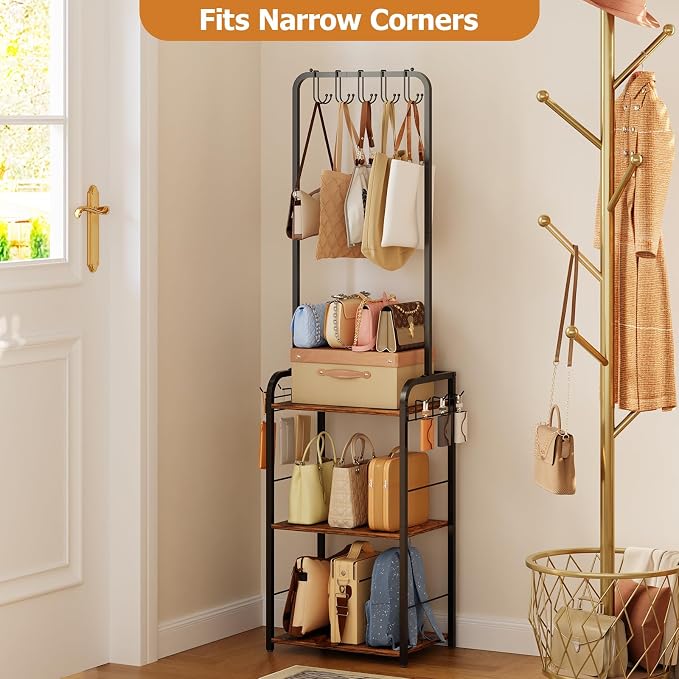 Floor-Standing Purse Organizer for Closet with 5 Hangers & 6 Side Hooks, Tall Purse Rack Stand for Purse Storage, High-Capacity Handbag Organizer, Multi-Purpose Purse Storage Organizer for Small Place