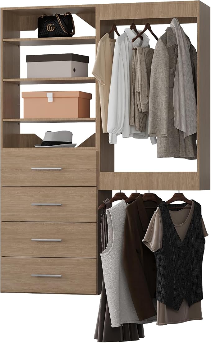 ROOMTEC Modular Closet System, 46" Wall-Mounted Closet Organizer with Drawers and Hanging Rods, Wooden Tower for Walk-In Closets, Wardrobe Storage Kit, Wood