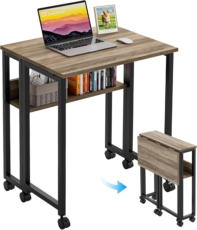 GreenForest Folding Desk with Wheels, 24.8" Rolling Table for Small Spaces | Storage Shelf, Lockable Casters, Compact Portable Workstation, Space-Saving Foldable Sofa Table, Home Office, Mobile, Grey