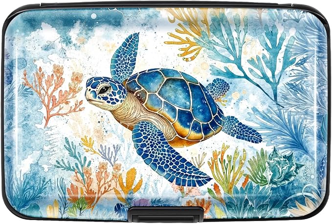 Coco Rossi Credit Card Holder RFID Aluminum Small Mini Wallet Women | Metal Wallet, Business Cards Holder, ID Case, Slim Sleeves, Womens Girls Gift, Carry Proof Wallets for Travel, Sea Turtle
