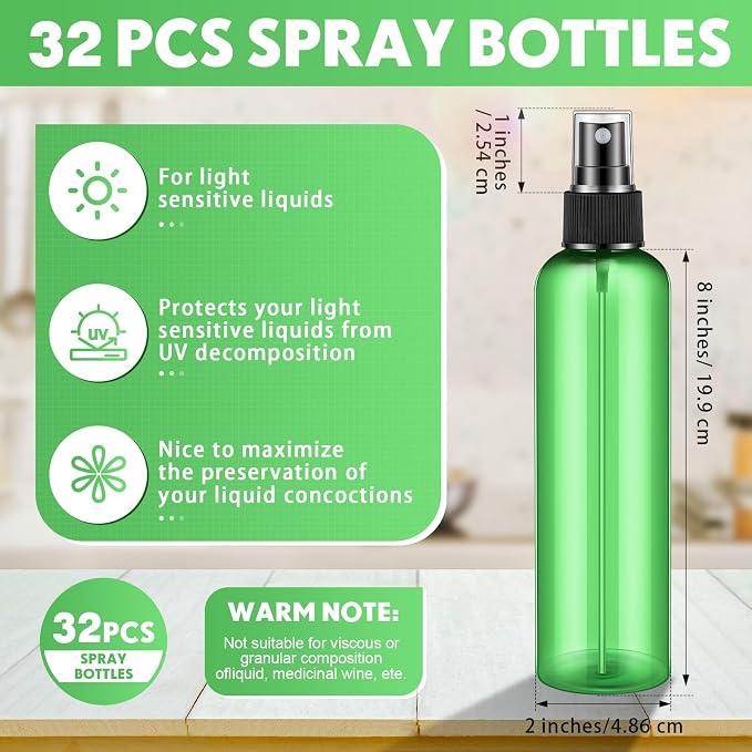 Eccliy 32 Pcs 8 oz Spray Bottles Fine Mist Plastic Spray Bottles Clear Empty Sprayer Hairs Refillable Travel Sprayer with Pump Cap for Cleaning Oils Travel Perfumes(Green,Clear)