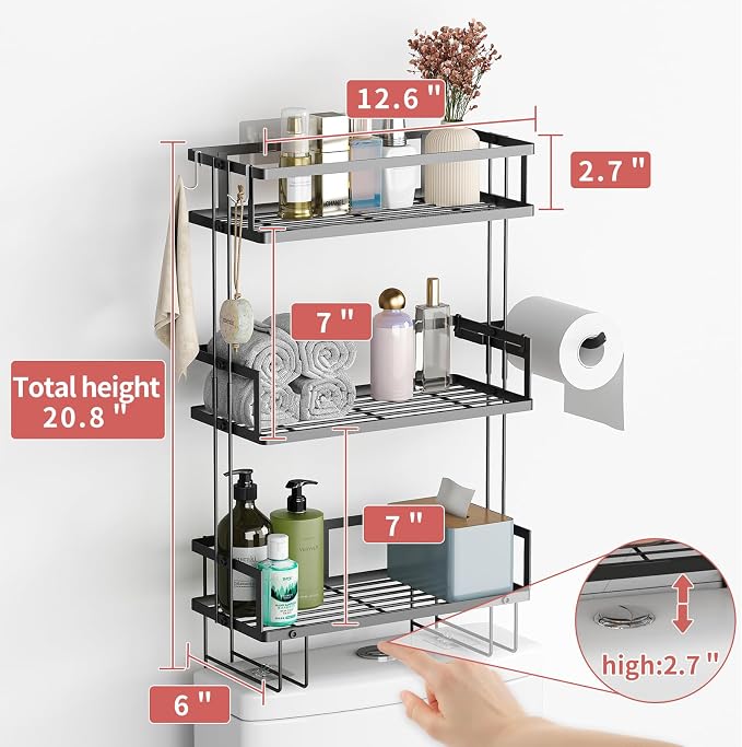 Godboat 3-Tier Over Toilet Storage Shelf, Wall-Mount with 2 Hook/Paper Rack | Bathroom Organizers and Storage Cabinet, Behind/Above/On/Top/Back Tank Shelves, Decor for Bathroom/Restroom/Kitchen/Bedroom