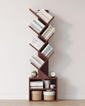 SUNMORY 6 Tier Tree Bookshelf, Tall Bookcase with Storage Cabinet, Modern Narrow Bookshelves Organizer, Floor Standing Book Shelf for Bedroom/Living Room/Home Office/Corner, Cherry