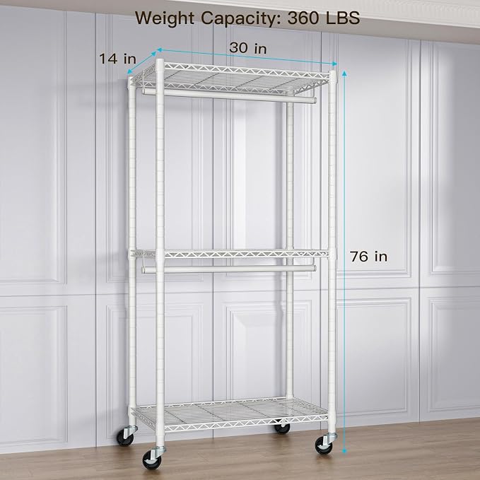 FUTASSI P1 Medium Heavy-Duty Portable Closet, 30" W x 14" D x 76" H, White | Metal Rolling Clothing Rack, Closet System with Wheels and Shelves for Hanging Clothes, Portable Wardrobe Organizer Storage