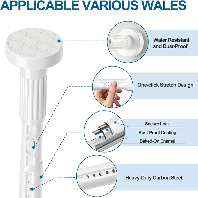 AIZESI 41-182 Inch Heavy Duty White Tension Curtain Rod - No Drilling, Adjustable, Rust-Proof for Outdoor, Living Room, Bathroom
