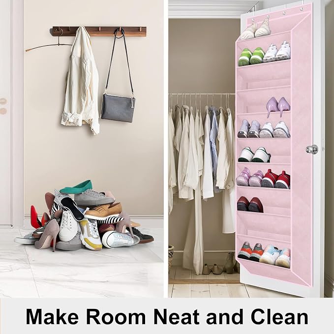 SLEEPING LAMB Over The Door Shoe Organizer for Closet with Large Deep Pockets, Narrow Shoe Rack for Door Hanging Boots Storage, Pink