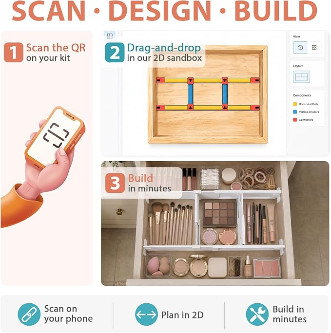 Adjustable Drawer Dividers for Small & Junk Drawers - Starter Kit | Slim interlocking grid for vanity, makeup, desk & bathroom; 3D guide shows where each piece goes; expandable, tool-free