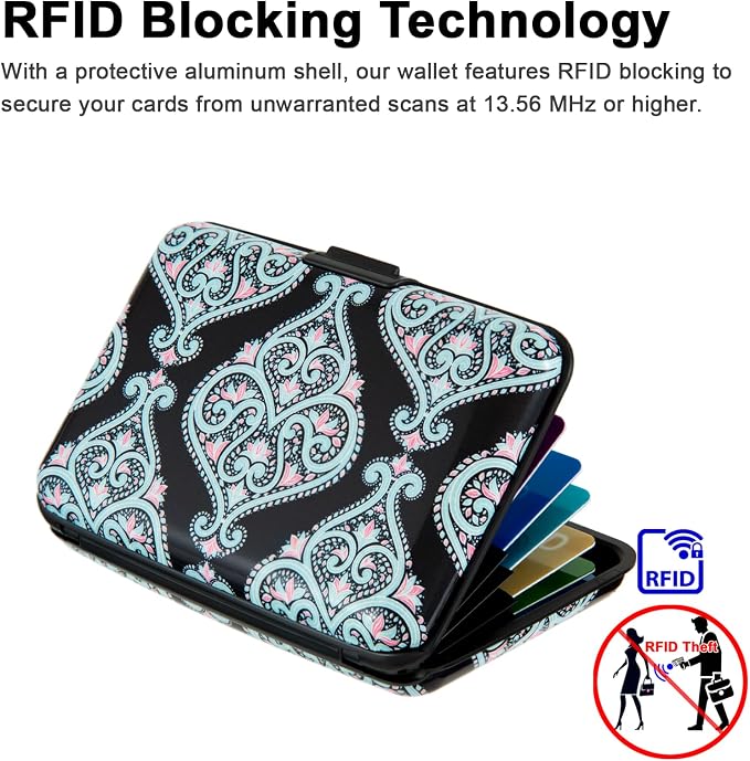 Credit Card Holder, Metal Card Wallet RFID Blocking Mini Slim Aluminum Business Hard Card Case for Women Men (Damask Paisley)