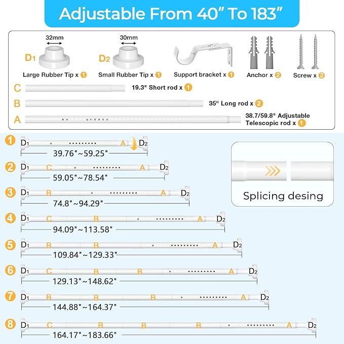 MEXAU White Tension Curtain Rod 40-183 Inch Long Tension Rod 1.26" Spring Tension Curtain Rod Adjustable Curtain Rods No Drilling Tension Shower Rod Curtain Tension Rod for Bathroom Windows Doorways