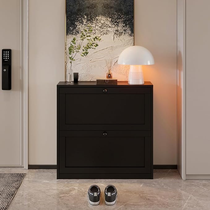 VOWNER Shoe Cabinet with 2 Flip Drawers, Freestanding Shoe Storage Cabinet with Adjustable Shelf & Anti-Tipping Device, Shoe Rack for Entryway, Hallway, Living Room (Black)
