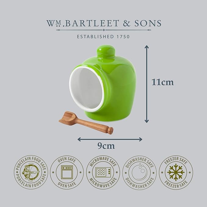 WM Bartleet & Sons 1750 T345G Traditional Porcelain Small Pig with Wooden Salt Serving Spoon-Green