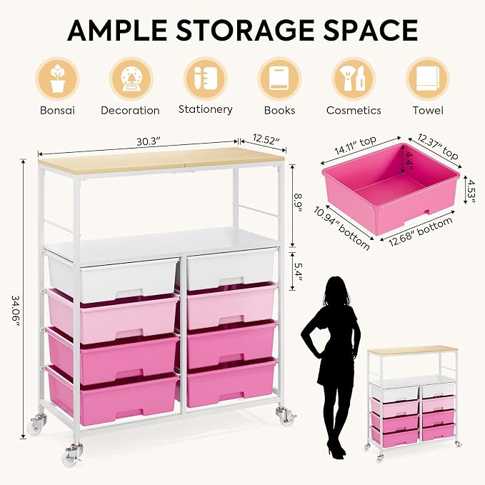 Rolling Cart with 8 Drawers,Storage Drawer Cart with Wooden Tabletop,Lockable Wheels Organizer for Homeschool, Arts & Crafts, Classroom, Office & Creative Spaces (Pink)