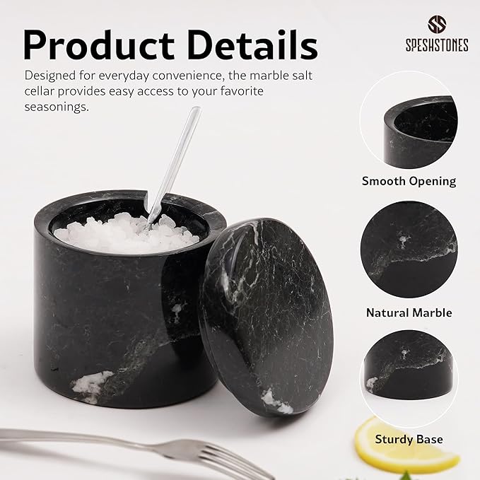 Marble Salt Cellar 3 Inch Black Table Salt Containers for Countertop - Sugar Bowl With Lid, Salt Holder, Spice Jars, Salt Box for Seasoning Storage Container, Salt Dish for Kitchen Decor