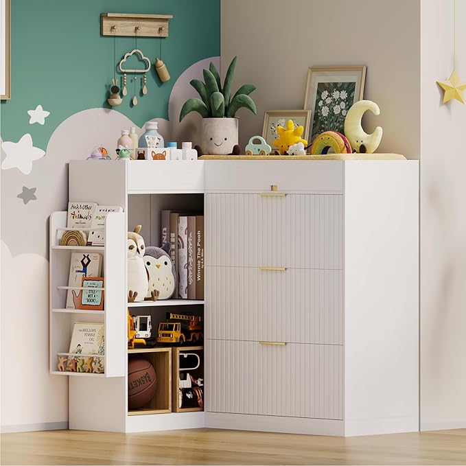 Wooden Nursery Changing Table Dresser,Diaper Changing Table with Storage,Corner Baby Dressing Table with 3 Drawers and 2 Shelves, Modern Storage Crib with Changing Station for Nurseries and Baby Rooms