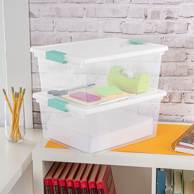 Sterilite Deep Clip Box, Stackable Small Storage Bin with Latching Lid, Plastic Container to Organize Paper, Office, Home, Clear Base and Lid, (Pack of 4)