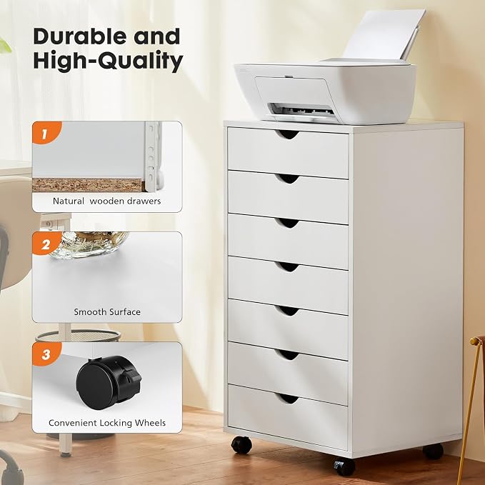 OLIXIS 7 Drawer File Cabinet on Wheels, Printer Stand | Fits Under Desks, Wood Storage Organization Holds Printer, Office Supplies, Not For Hanging Files, For Home Office Use White