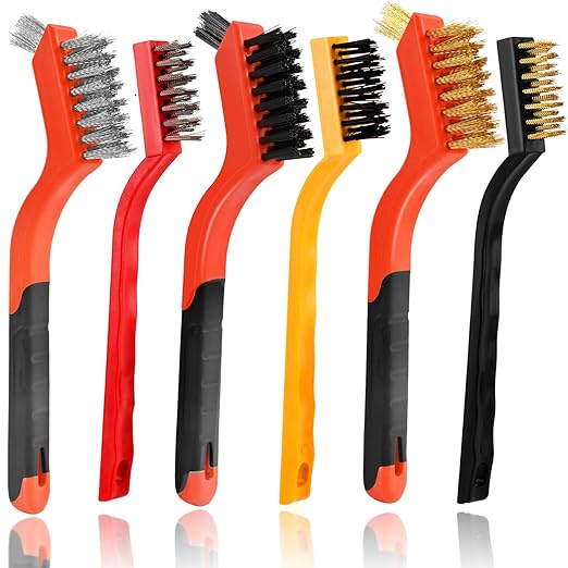 6PCS Wire Brushes for Cleaning Rust, Nylon, Brass & StainlessSteel Bristles | Upgrade Wire Brush Set with Curved Handle Grip for Paint, Rust & Stain Removal, 7-Inch Small Metal Wire Brushes