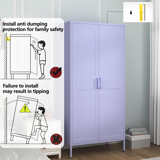 Metal Wardrobe with Lock 67"Clothing Steel Storage Cabinet Locker Hanging Rod And Adjustable Shelves 2 Doors Household kids wardrobe closet Lockers For Bedroom Home Purple Size:67"H X 31.5"W X 18.1"D