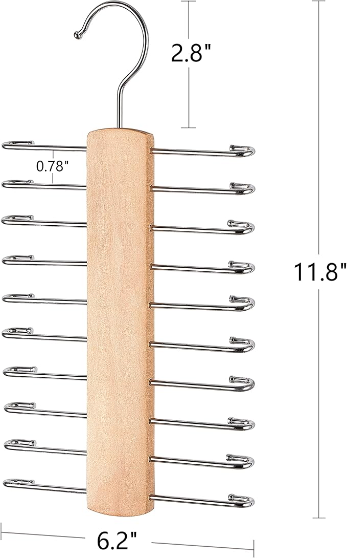 Mkono Wooden Tie Rack Retro Tie Belt Storage Hanger Organizer for Men Closet Space Saving Rack with 20 Non-Slip Hooks for Ties Belt Scarf Organize 360 Rotate Hanger Tie Holder, 1 Piece, Wood Color