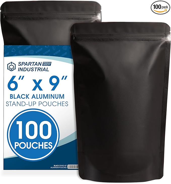 Spartan Industrial 6" X 9" Matte Black Stand-Up Mylar Bags - 100 Count Smell-Proof Bags With Heat Sealable Opening and Resealable Zipper